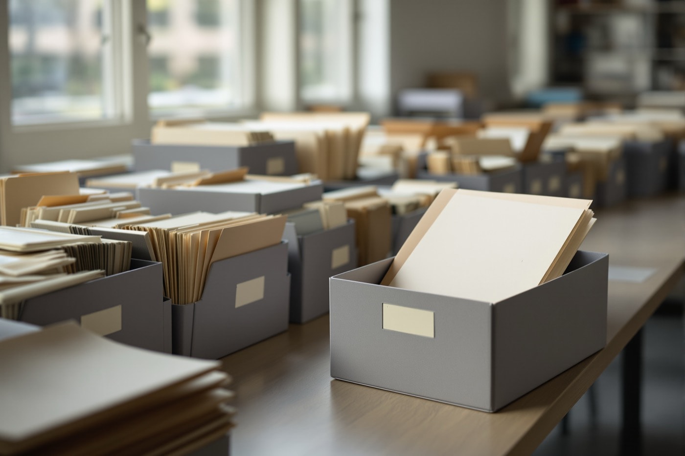 Grey archival document boxes and manila folders on a library table in soft window light