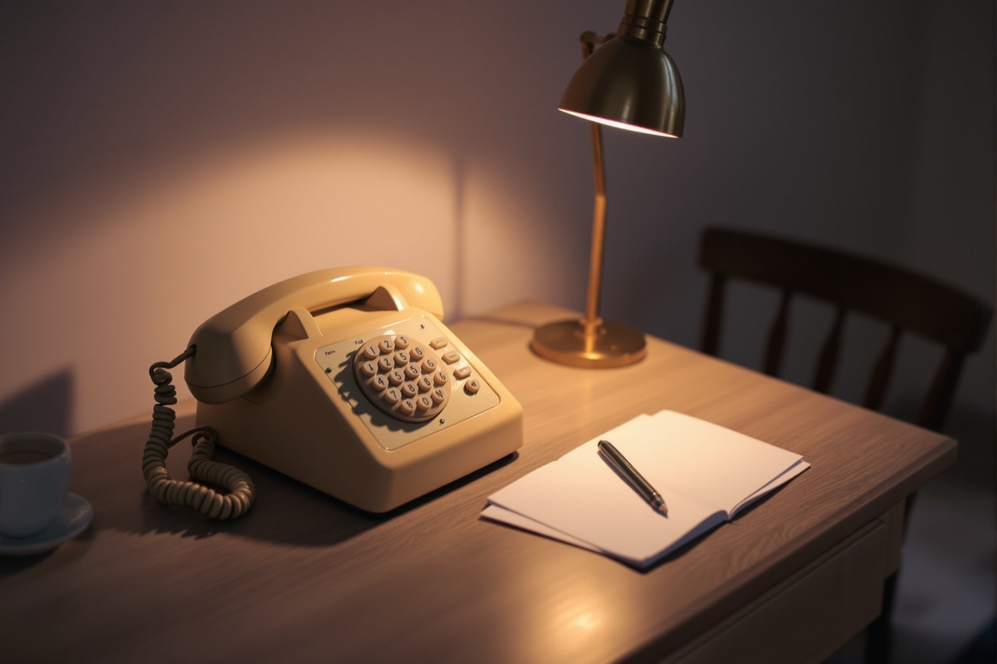 A beige desk telephone, spiral notepad and pencil under a brass lamp in a quiet room at night