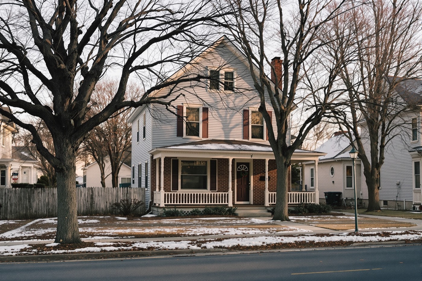 A modest two-storey brick and clapboard house on a quiet midwestern residential street in winter light