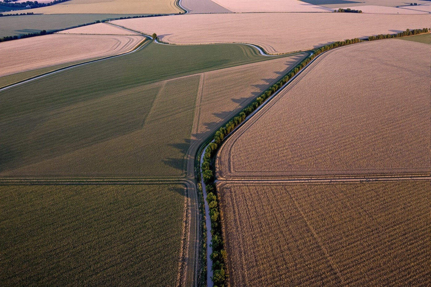 Aerial view of Kansas farmland at golden hour showing a geometric grid of fields and a tree-lined creek