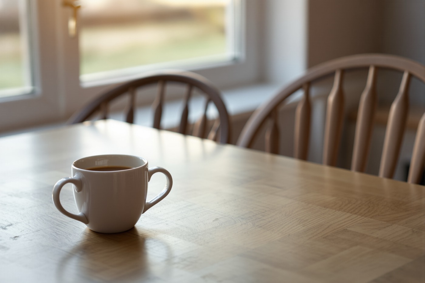 Two mugs of coffee on a worn wooden kitchen table beside a window at sunrise, two empty chairs