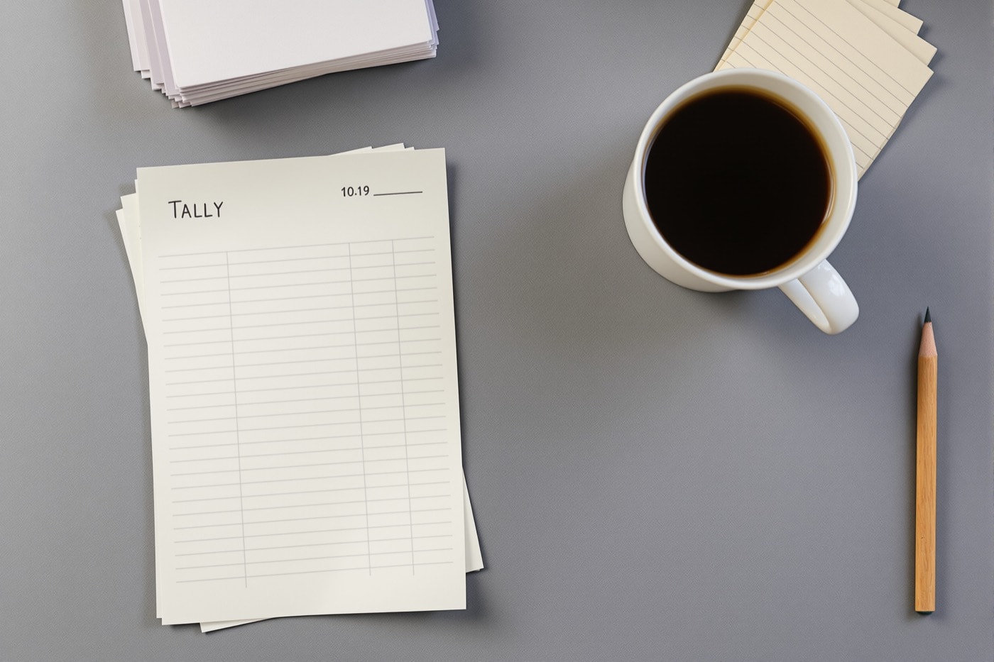 Overhead view of hand-ruled paper tally sheets, index cards, a pencil and a coffee mug on a grey desk