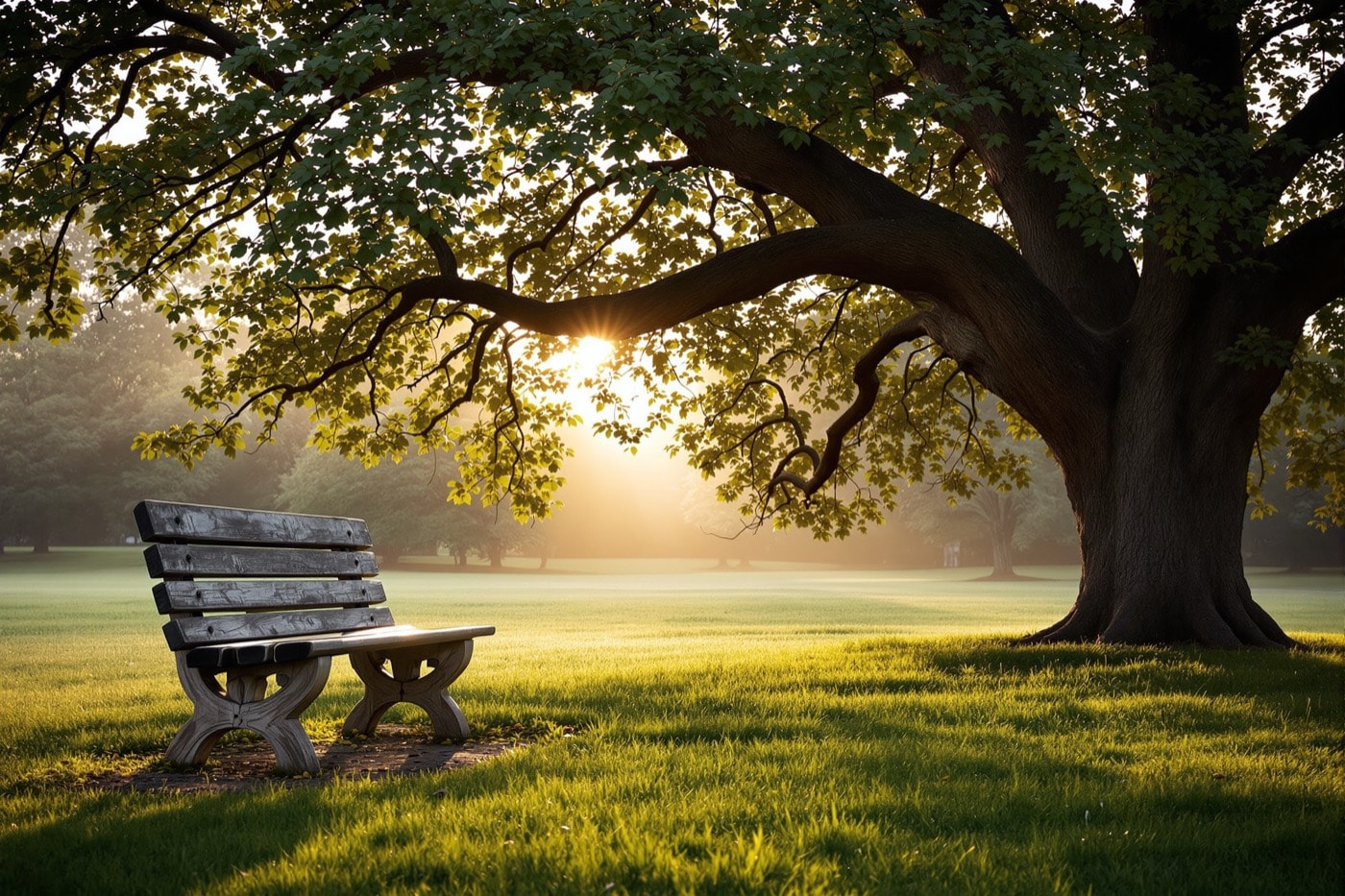 An empty weathered wooden bench beneath a large oak tree in a quiet park at dawn